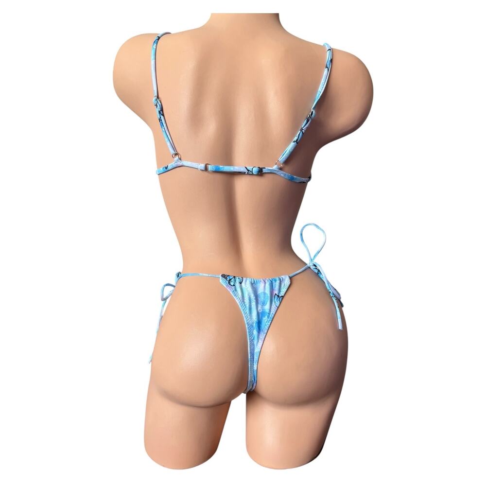 Oh Polly Y2K Blue Pastel Tie-Dye Butterfly Ruched String Mini Thong Bikini Set - Picture 2 of 9